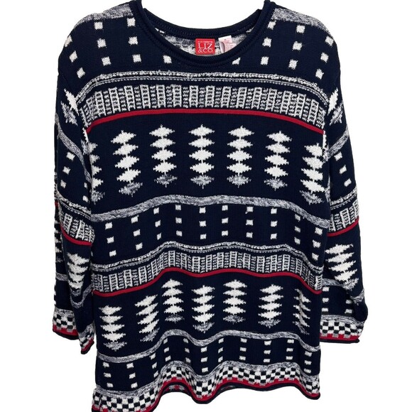 Vintage 90s Liz & Me 3D Knit Chunky Knit Sweater Geometric Navy Red White Med - Picture 1 of 6